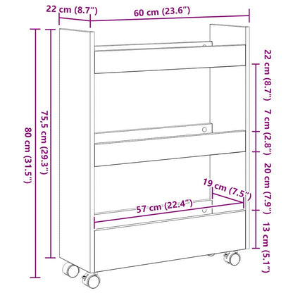 Smalle Opbergtrolley Zwart Eiken 60 x 22 x 80 cm Bewerkt hout