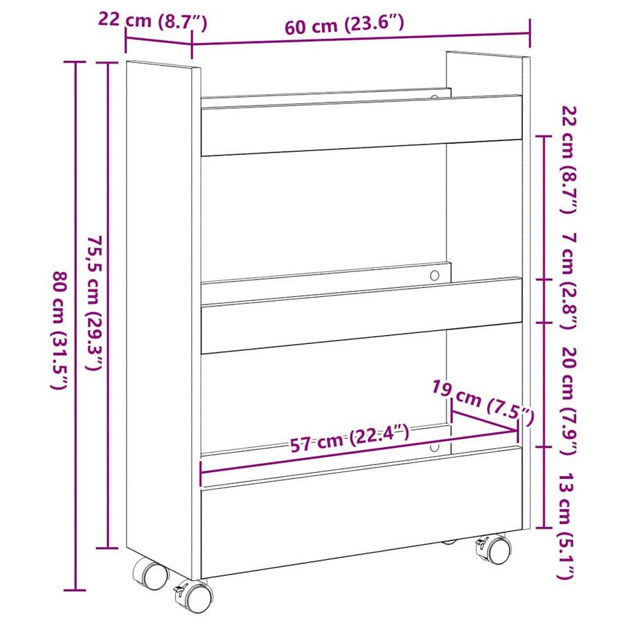 Smalle Opbergtrolley Zwart Eiken 60 x 22 x 80 cm Bewerkt hout