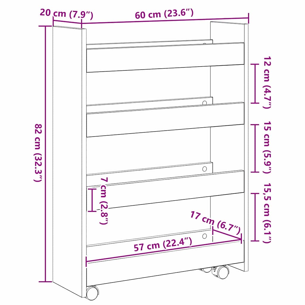 Smalle Opslag Trolley 4 Laags Zwart Eiken Geengineerd Hout