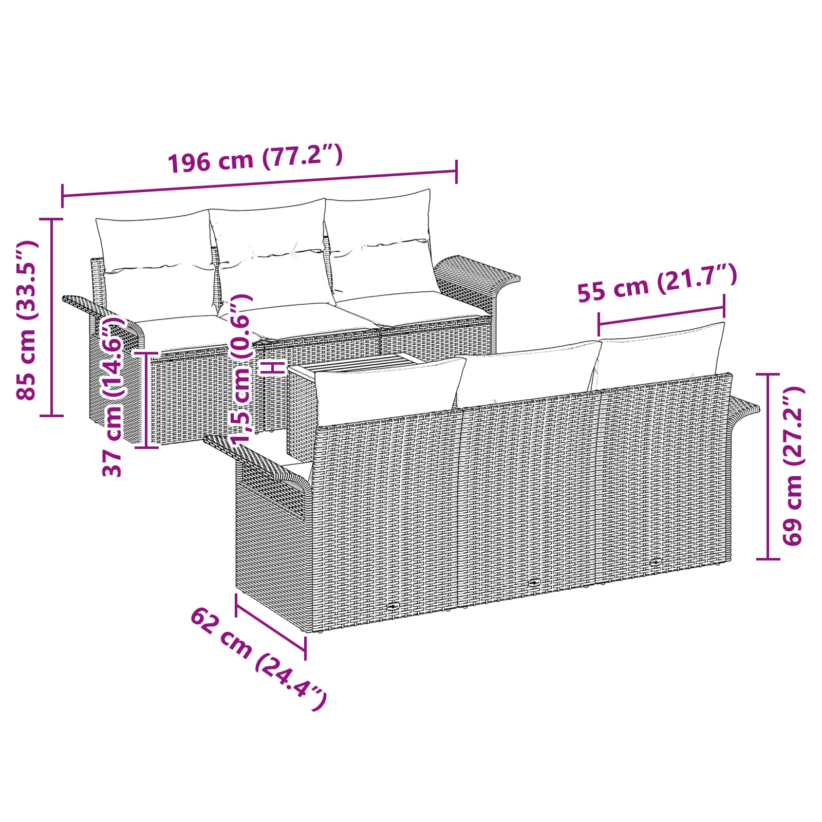 Tuinbankenset met kussen 7 pcs Zwart poly rattan