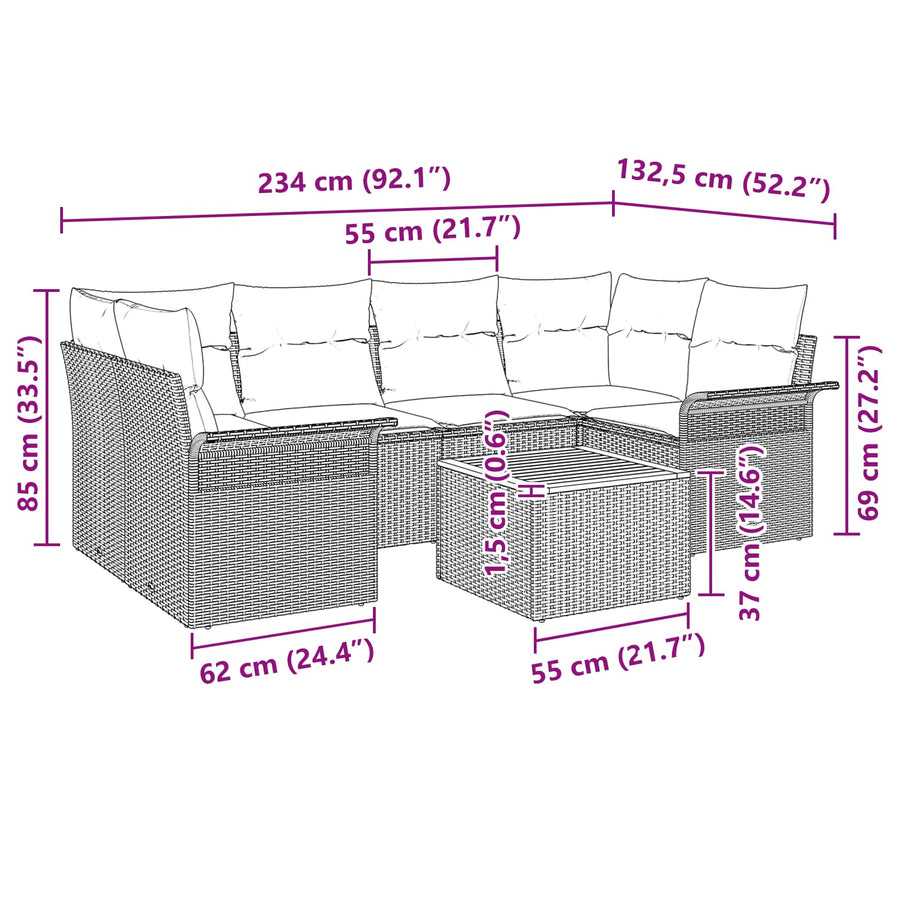 Tuinbankenset met kussen 7 pcs Grijs poly rattan