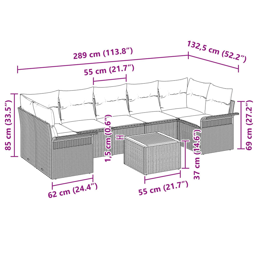 Tuinbankenset met kussen 8 pcs Grijs poly rattan