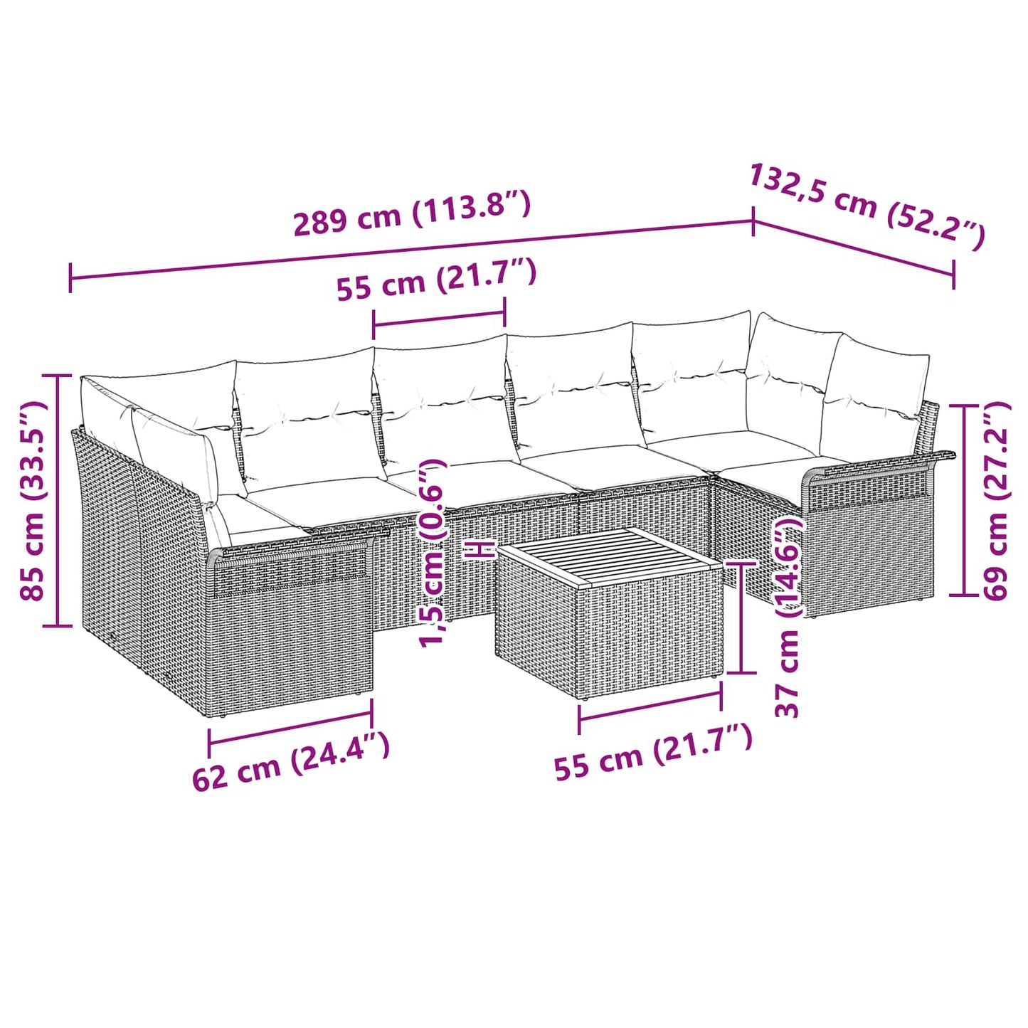 Tuinbankenset met kussen 8 pcs Zwart poly rattan