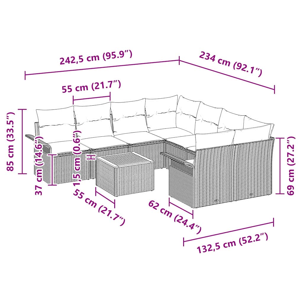Tuinbankenset met kussen 9 pcs Zwart poly rattan