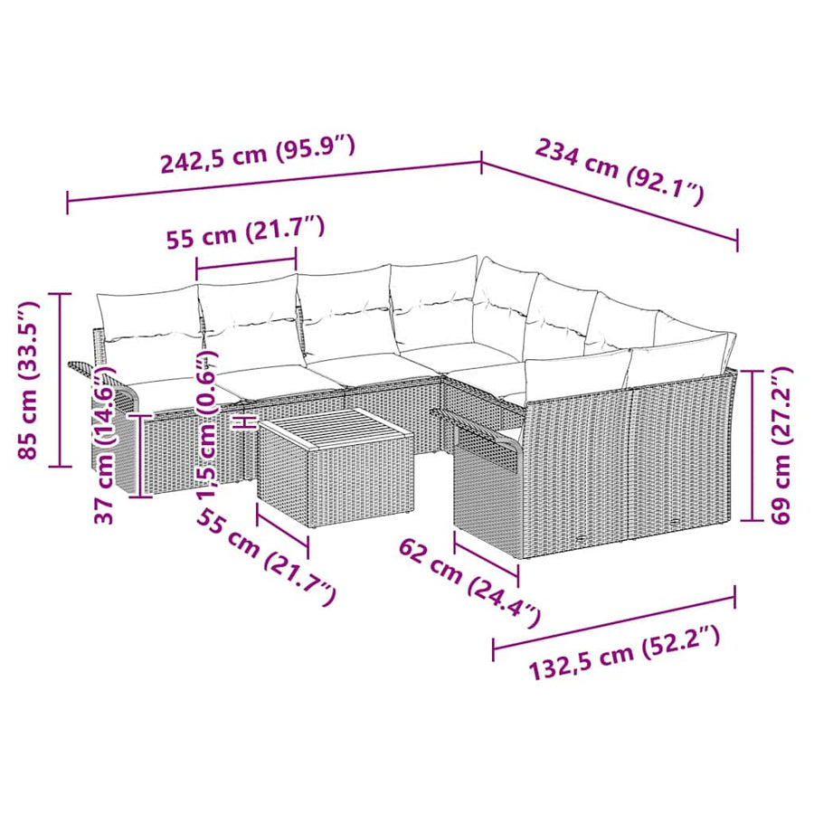 Tuinbankenset met kussen 9 pcs Zwart poly rattan