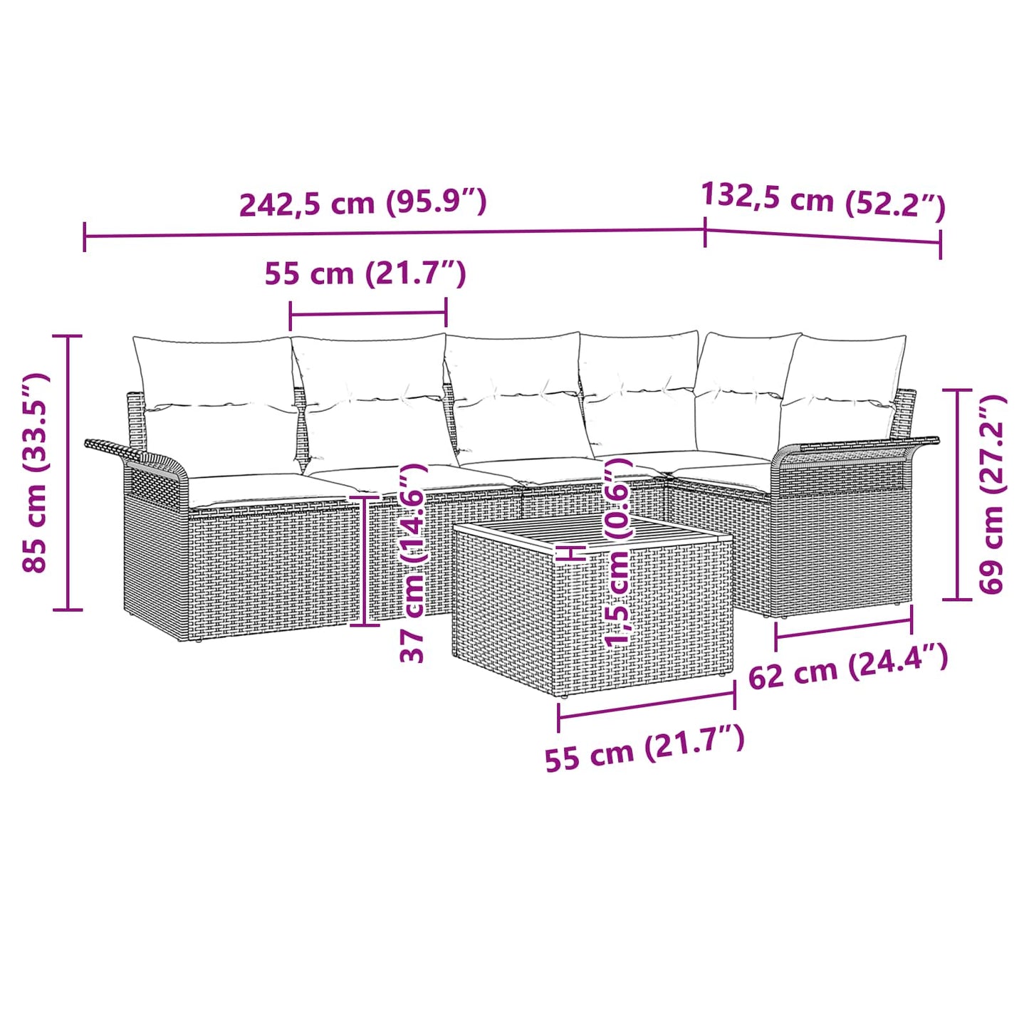Tuinbankenset met kussen 6 pcs Zwart poly rattan