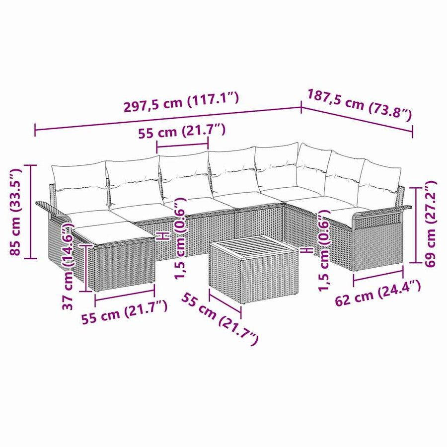 Tuinbankenset met kussen 9 pcs Zwart poly rattan