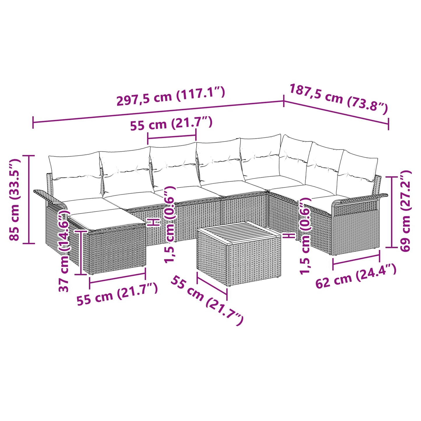 Tuinbankenset met kussen 9 pcs Grijs poly rattan