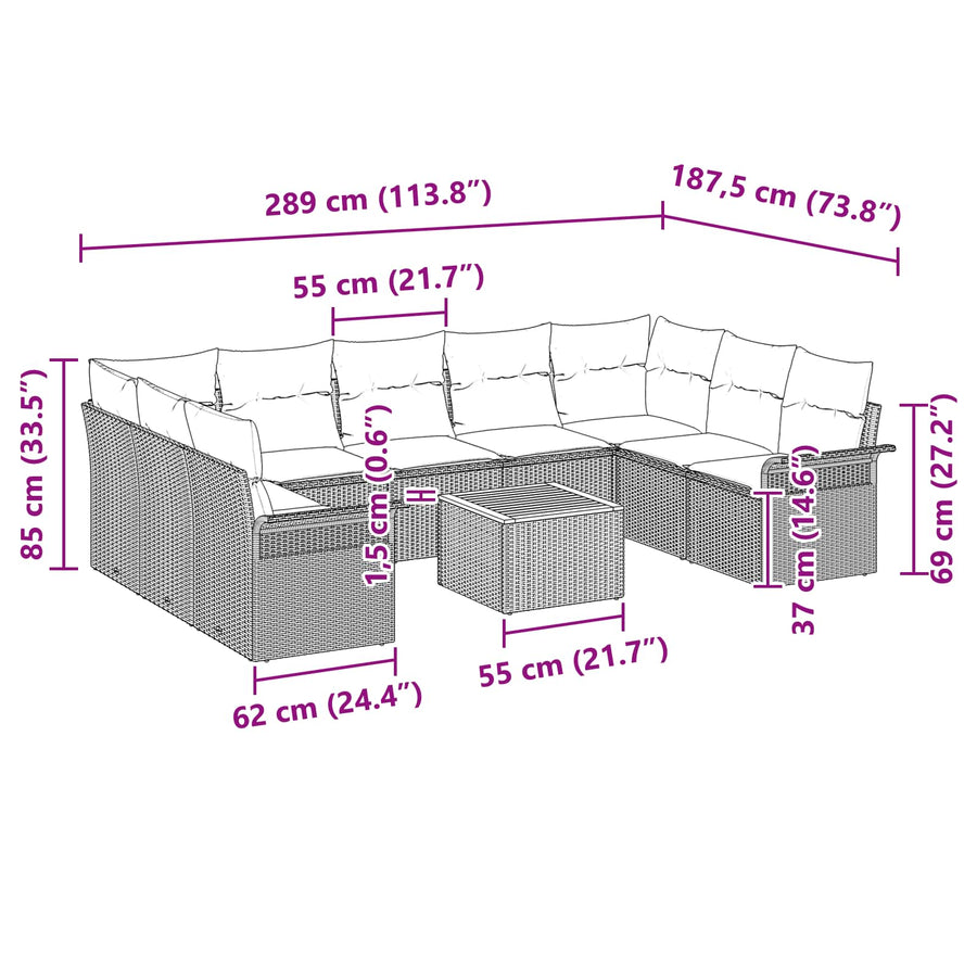 Tuinbankenset met kussen 10 pcs Grijs poly rattan