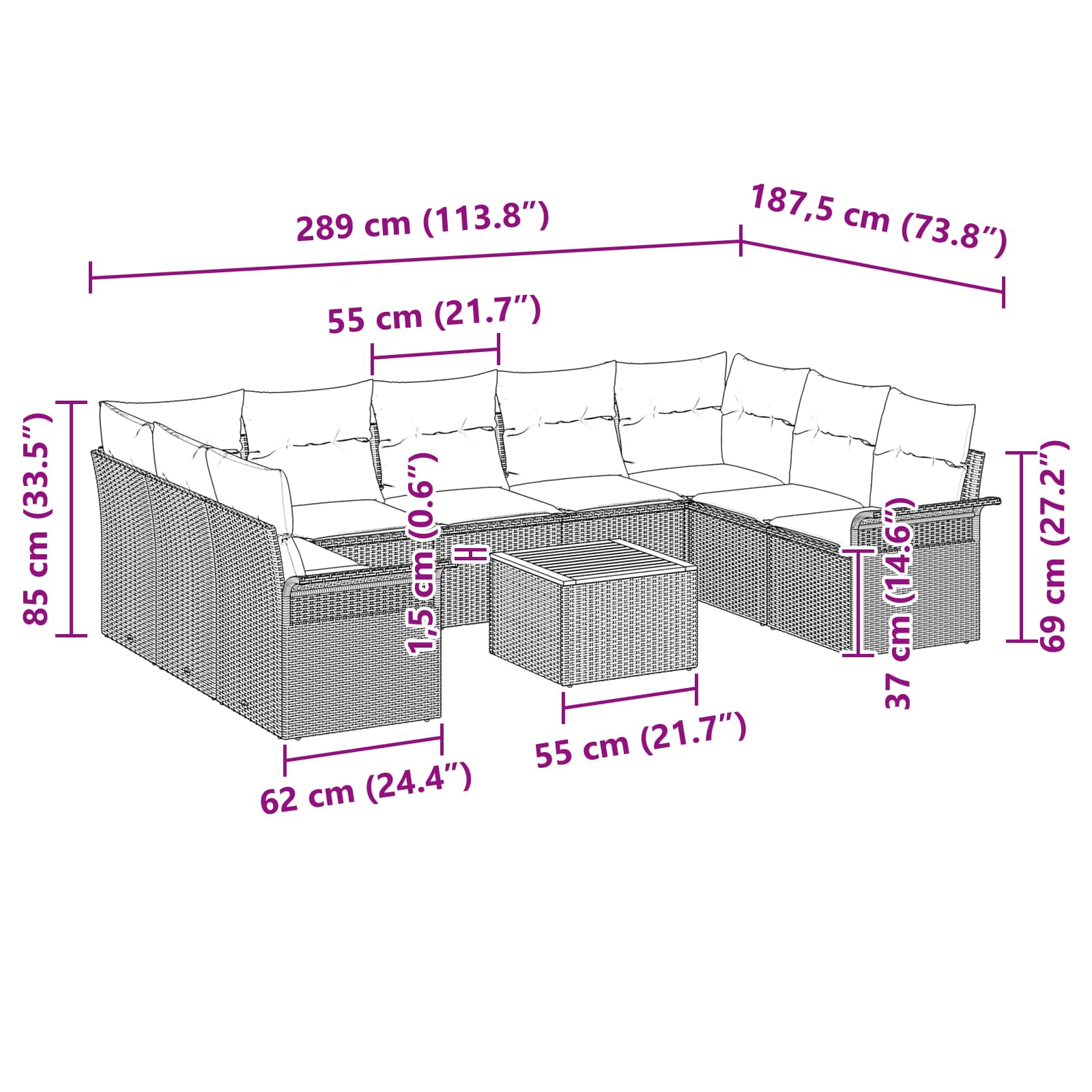 Tuinbankenset met kussen 10 pcs Zwart poly rattan
