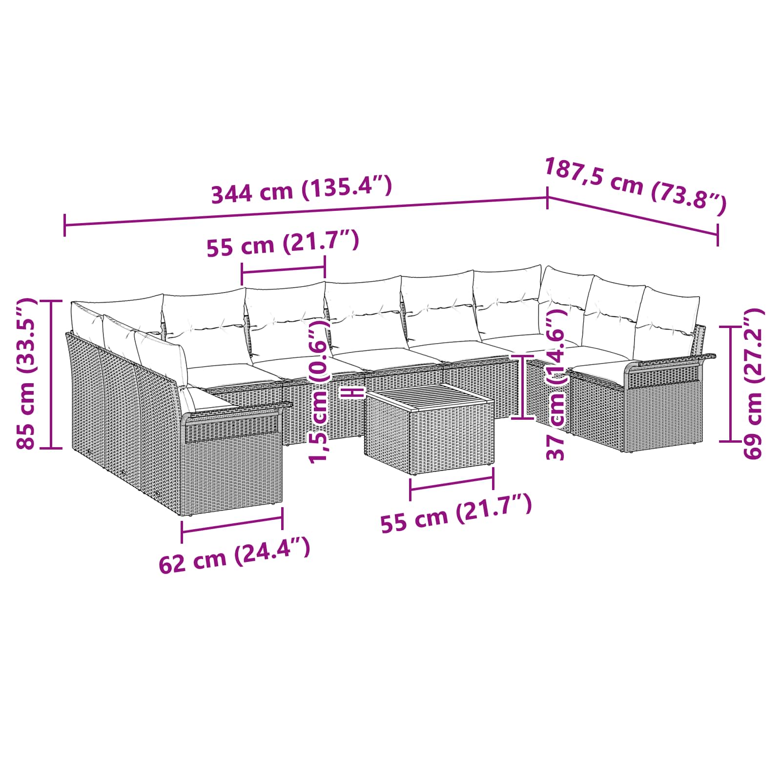 Tuinbankenset met kussen 11 pcs Zwart poly rattan