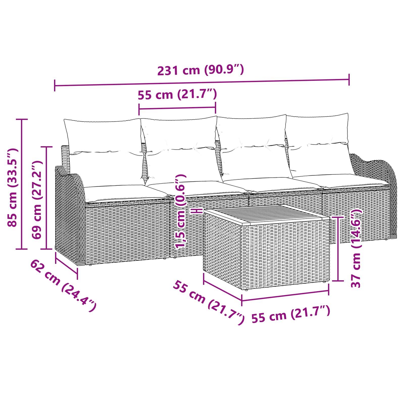 Tuinbankenset 5 st Grijs poly rattan