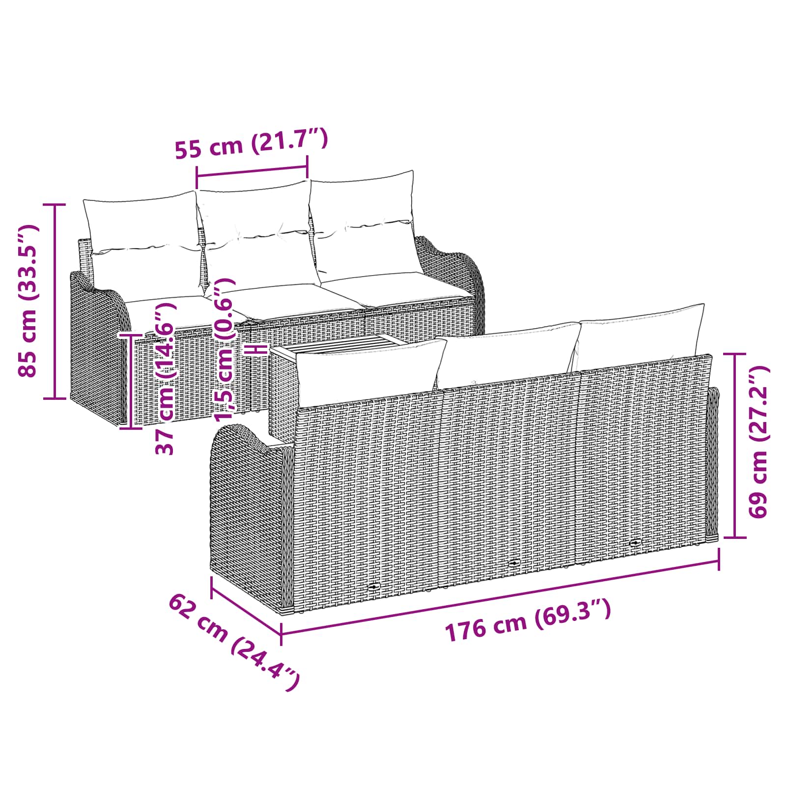 Tuinbankenset 7 st Grijs poly rattan