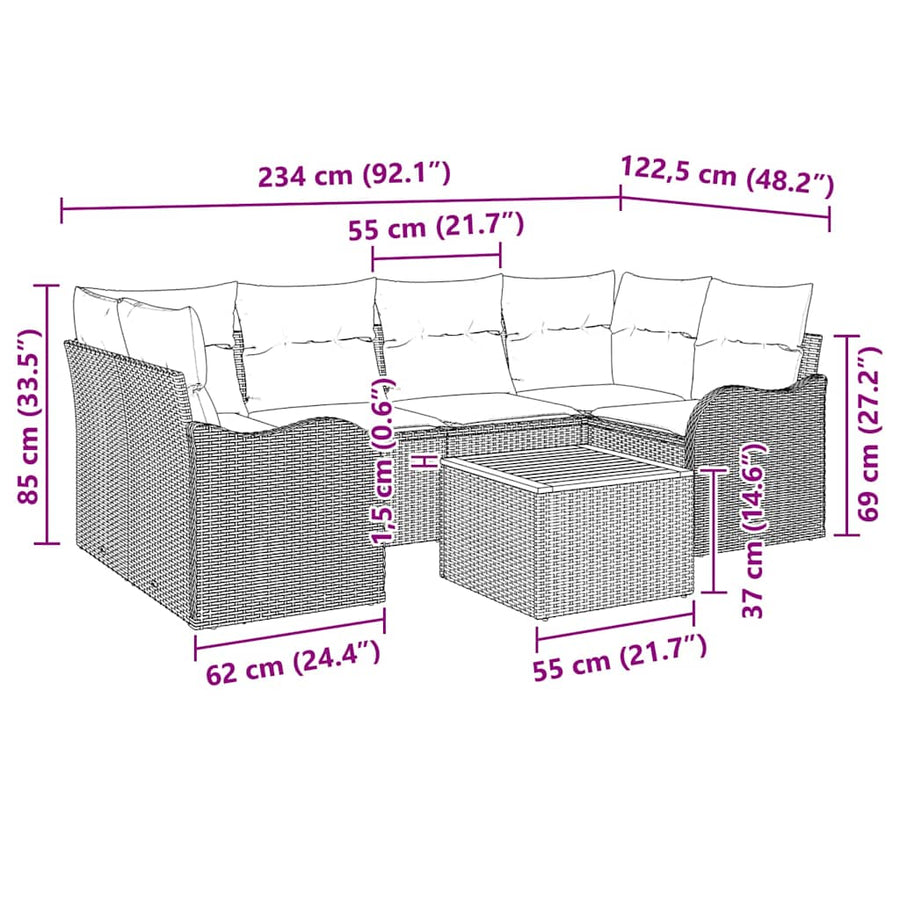 Tuinbankenset met kussen 7 pcs Zwart poly rattan