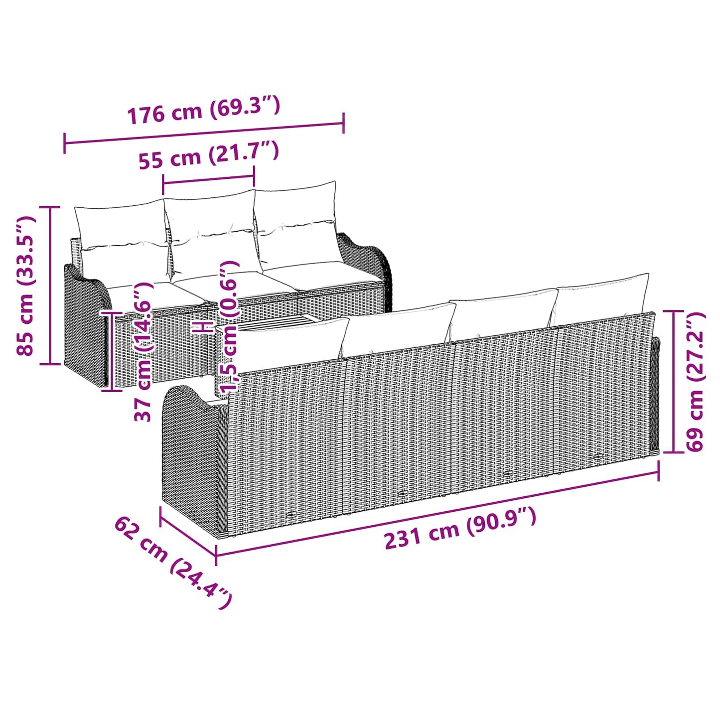 Tuinbankenset 8 st Grijs poly rattan