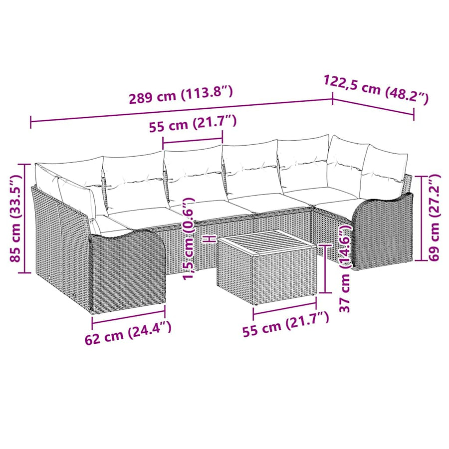 Tuinbankenset met kussen 8 pcs Zwart poly rattan