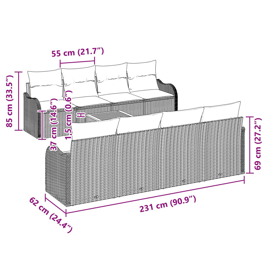 Tuinbankenset 9 st Grijs poly rattan