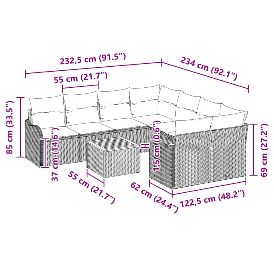 Tuinbankenset met kussen 9 pcs Beige poly rattan