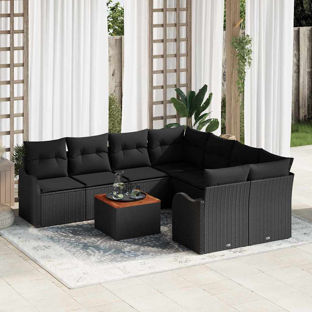 Tuinbankenset met kussen 9 pcs Zwart poly rattan