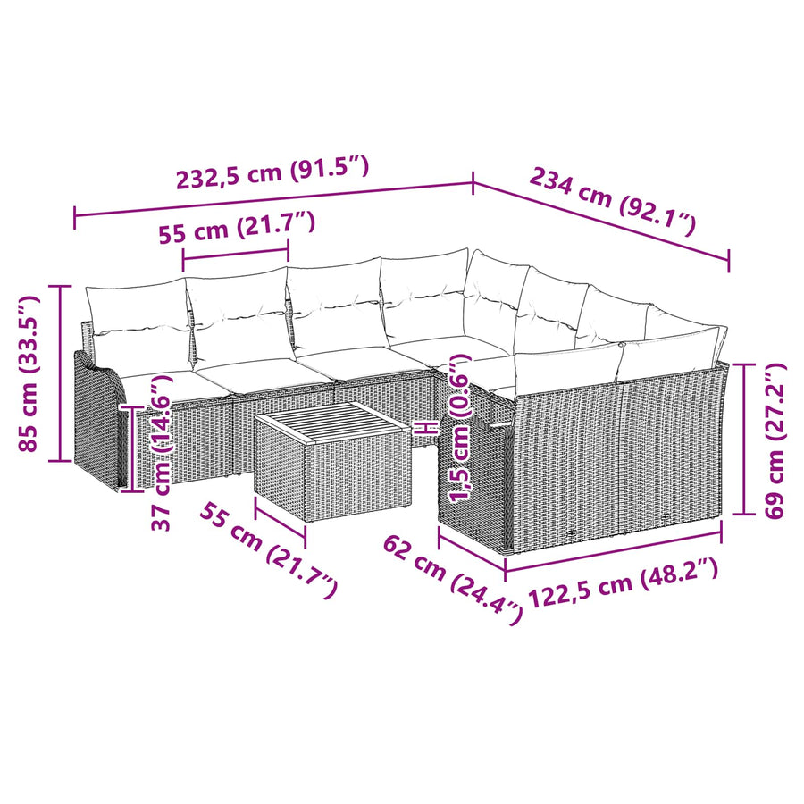 Tuinbankenset 9 st Grijs poly rattan