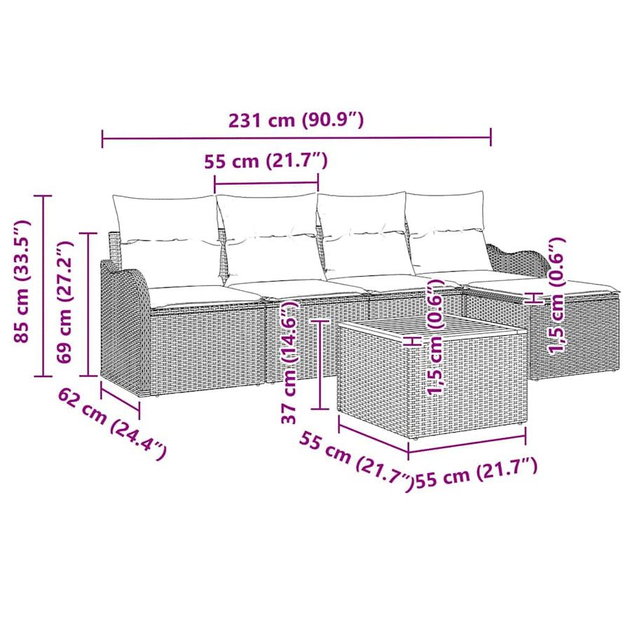 Tuinbankenset met kussen 6 pcs Zwart poly rattan
