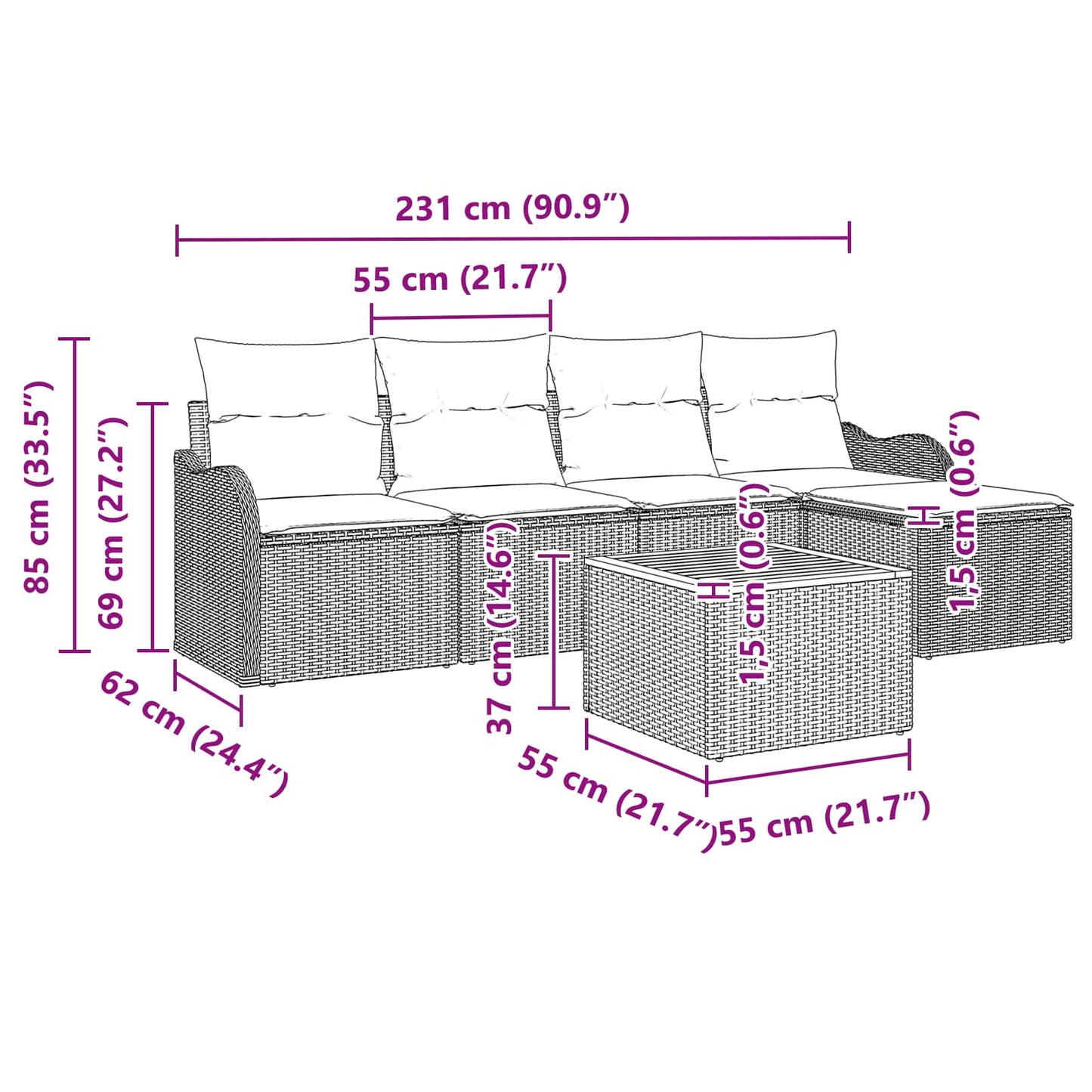 Tuinbankenset 6 st Grijs poly rattan