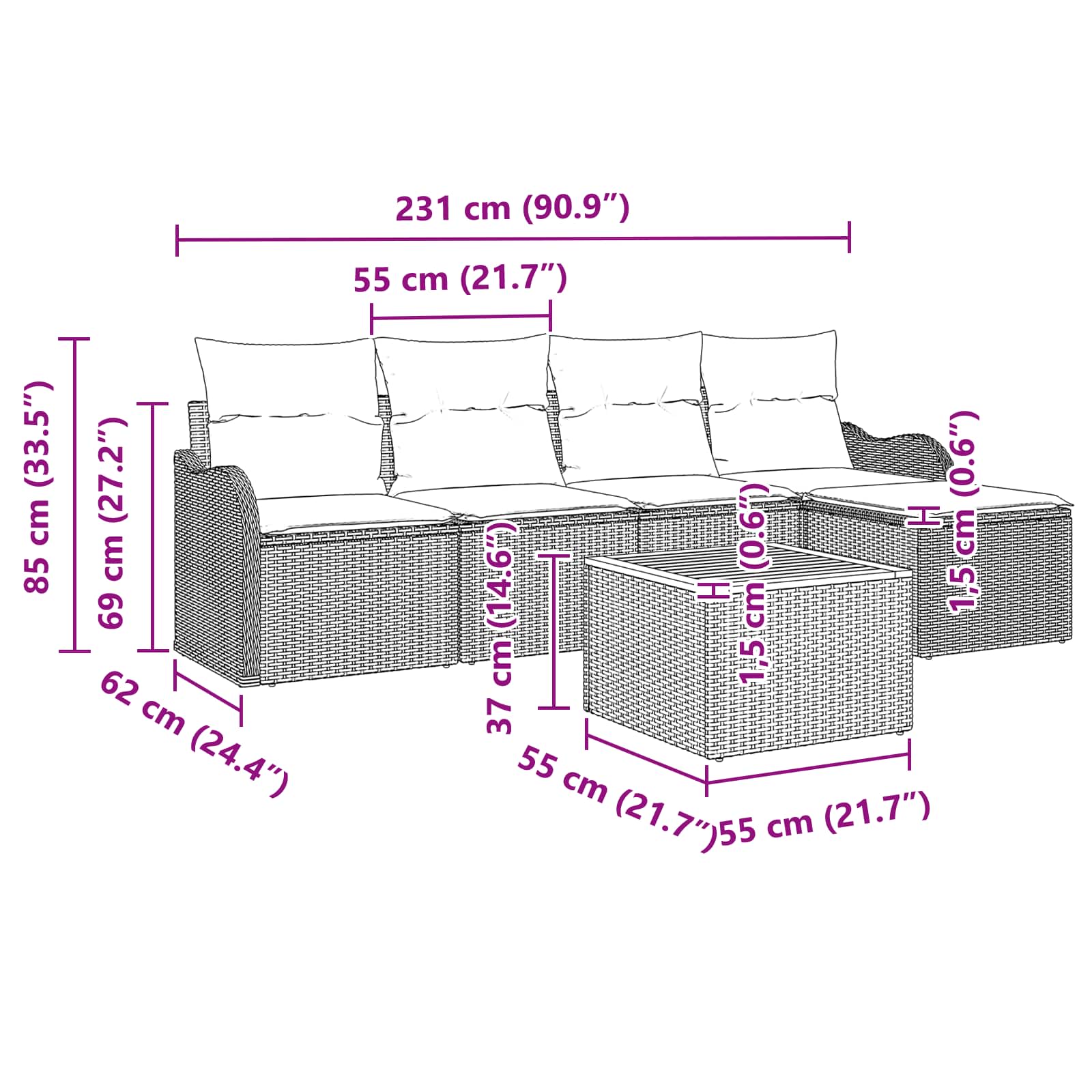 Tuinbankenset 6 st Grijs poly rattan