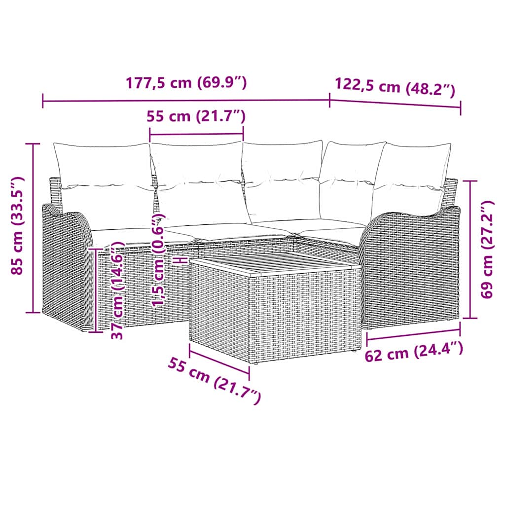Tuinbankenset met kussen 5 pcs Zwart poly rattan