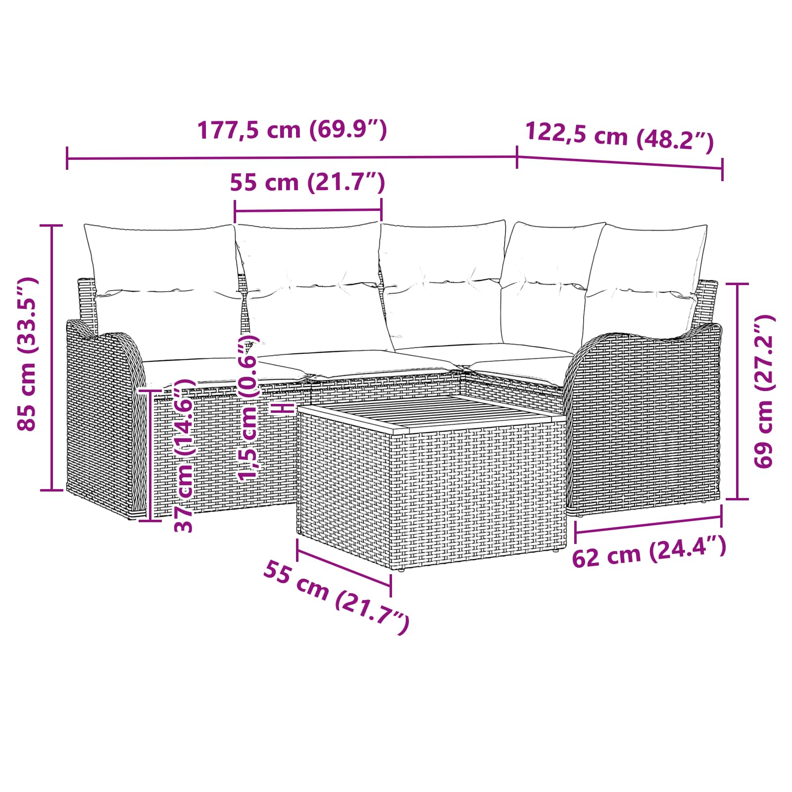 Tuinbankenset 5 st Grijs poly rattan