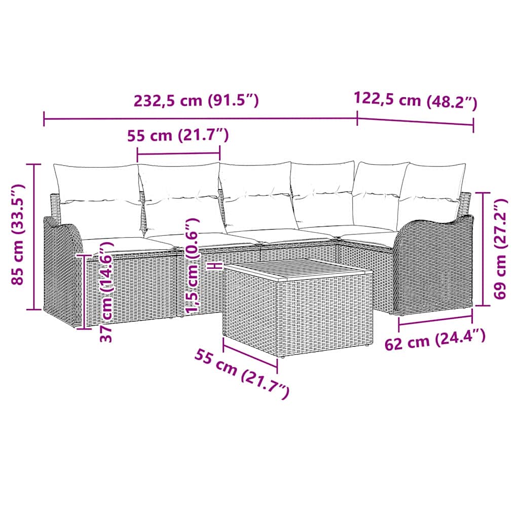Tuinbankenset met kussen 6 pcs Zwart poly rattan