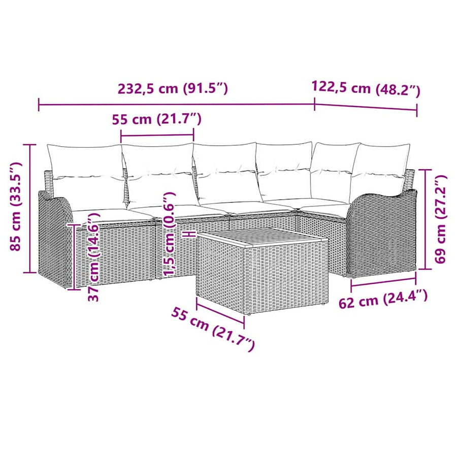 Tuinbankenset met kussen 6 pcs Zwart poly rattan