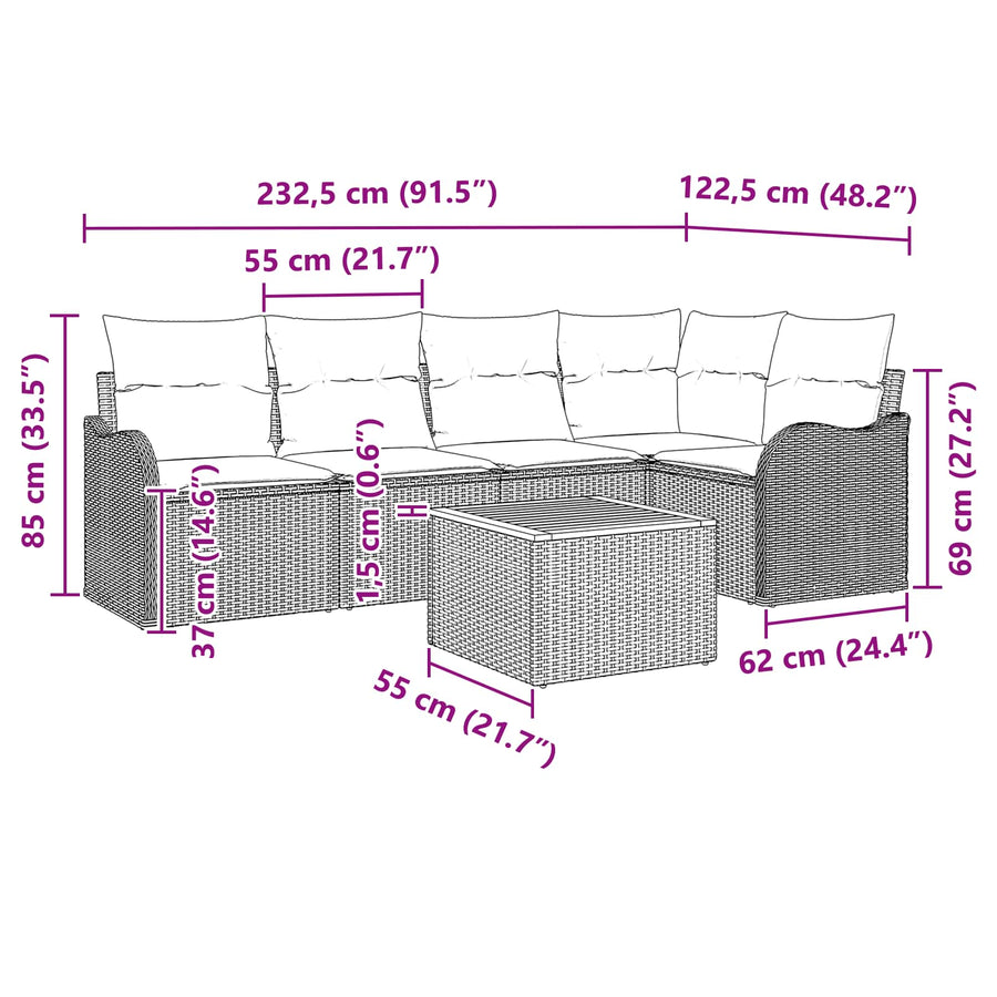 Tuinbankenset 6 st Grijs poly rattan