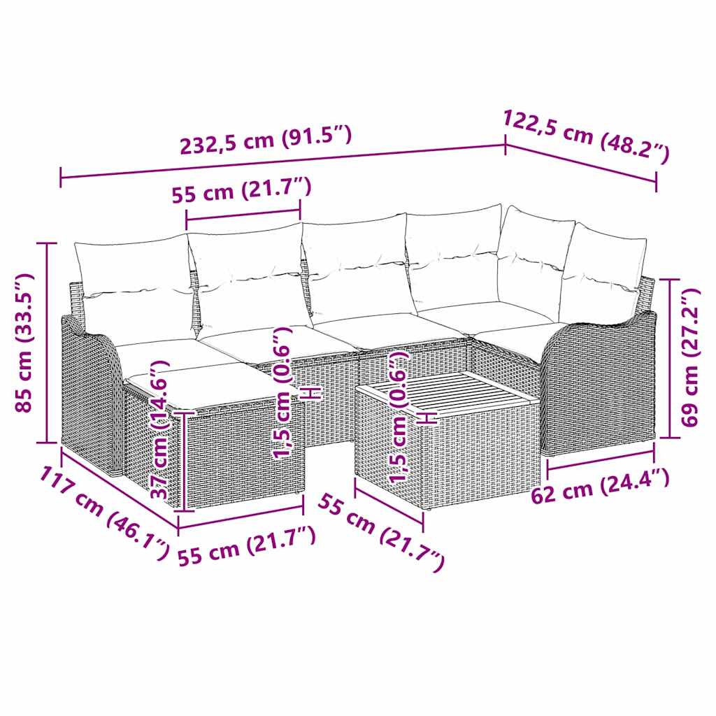 Tuinbankenset met kussen 7 pcs Zwart poly rattan