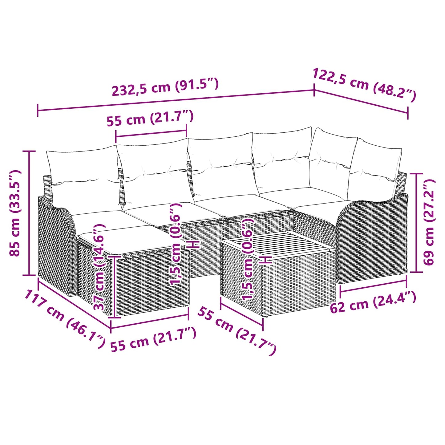 Tuinbankenset 7 st Grijs poly rattan