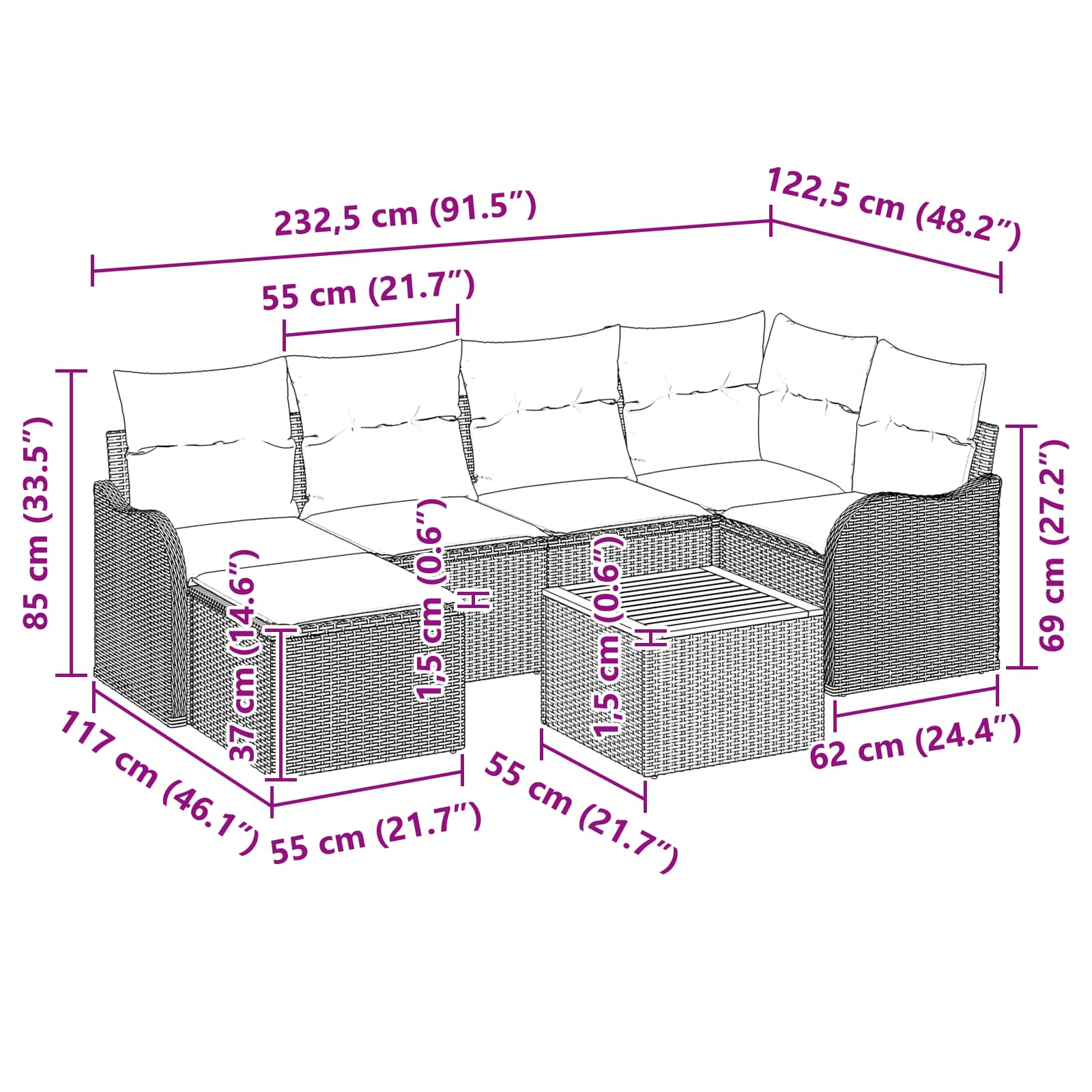 Tuinbankenset 7 st Grijs poly rattan