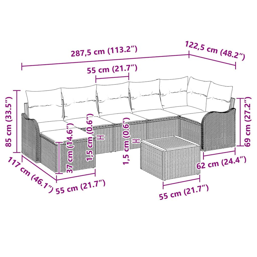 Tuinbankenset met kussen 8 pcs Zwart poly rattan