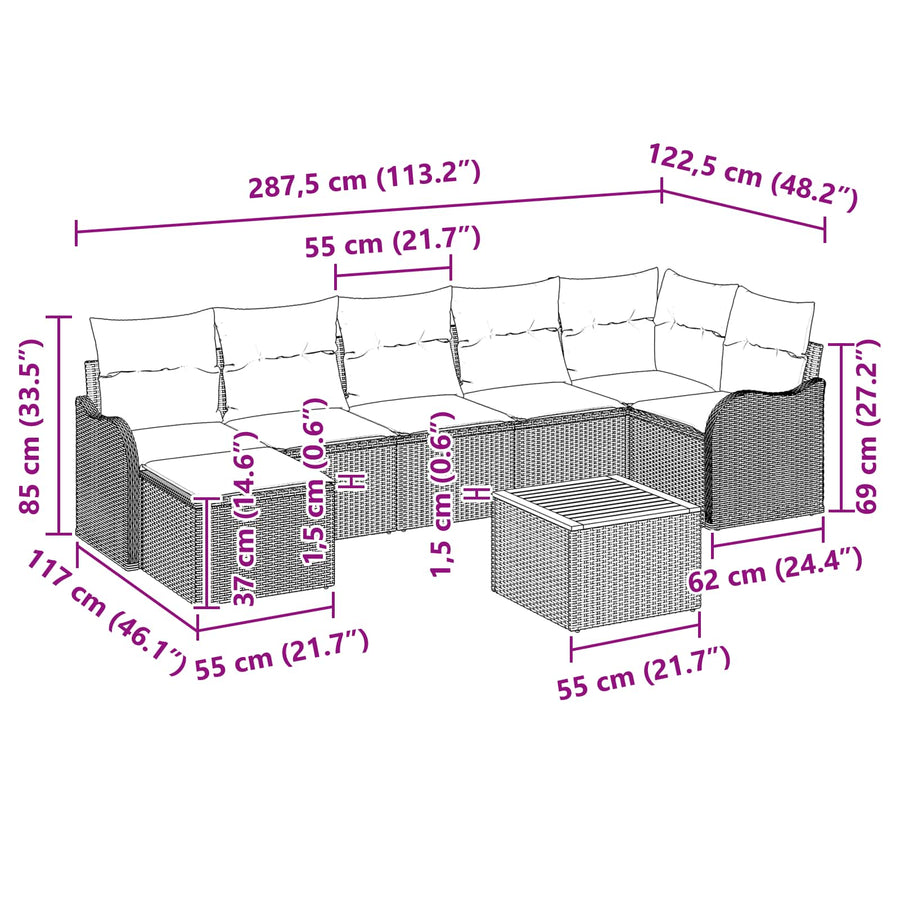 Tuinbankenset 8 st Grijs poly rattan