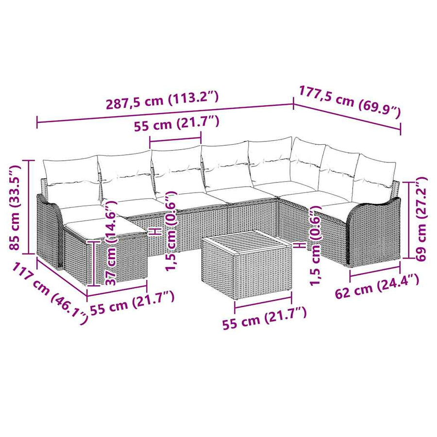 Tuinbankenset met kussen 9 pcs Zwart poly rattan