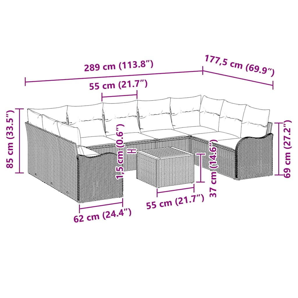 Tuinbankenset met kussen 10 pcs Zwart poly rattan
