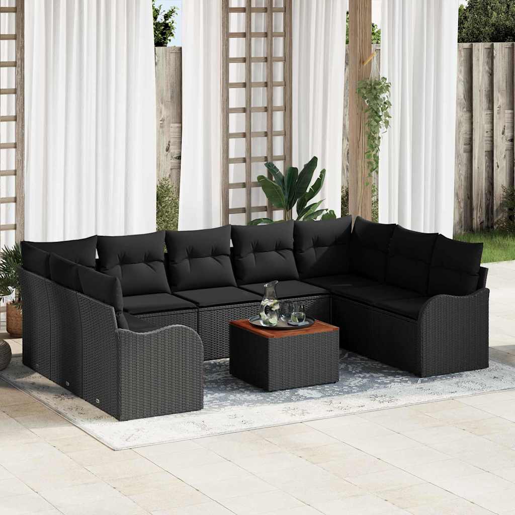 Tuinbankenset met kussen 10 pcs Zwart poly rattan