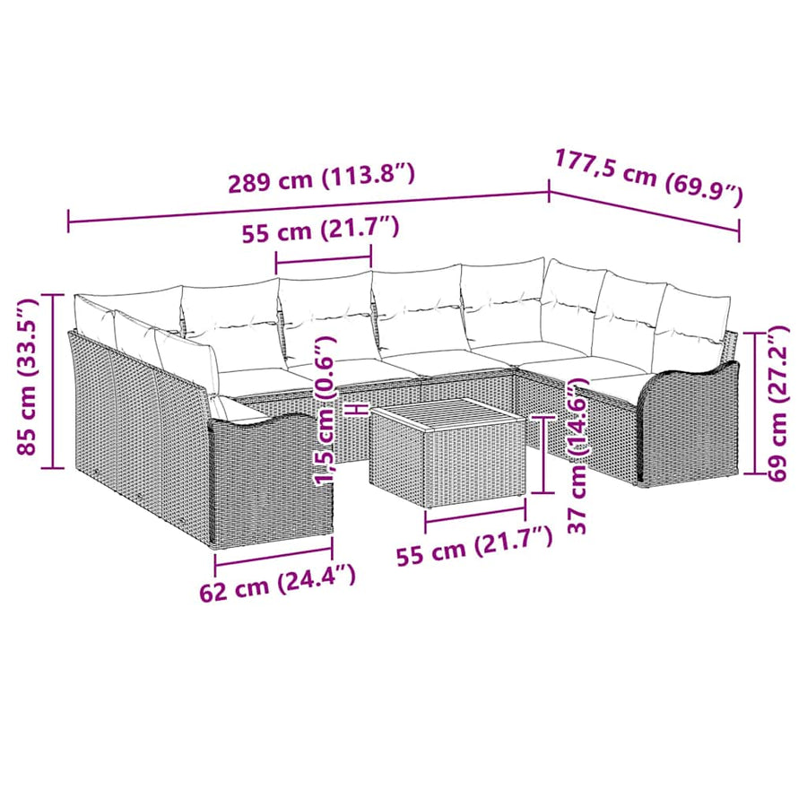 Tuinbankenset met kussen 10 pcs Zwart poly rattan