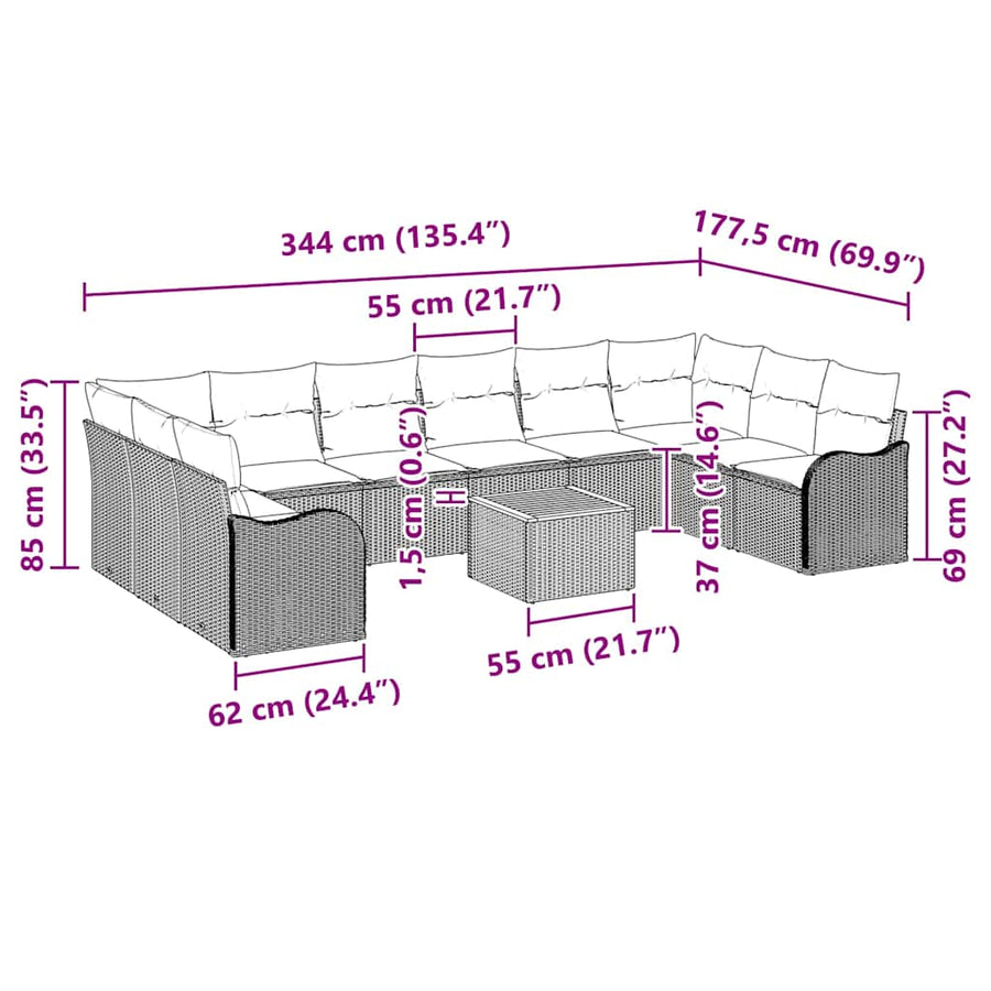 Tuinbankenset met kussen 11 pcs Beige poly rattan