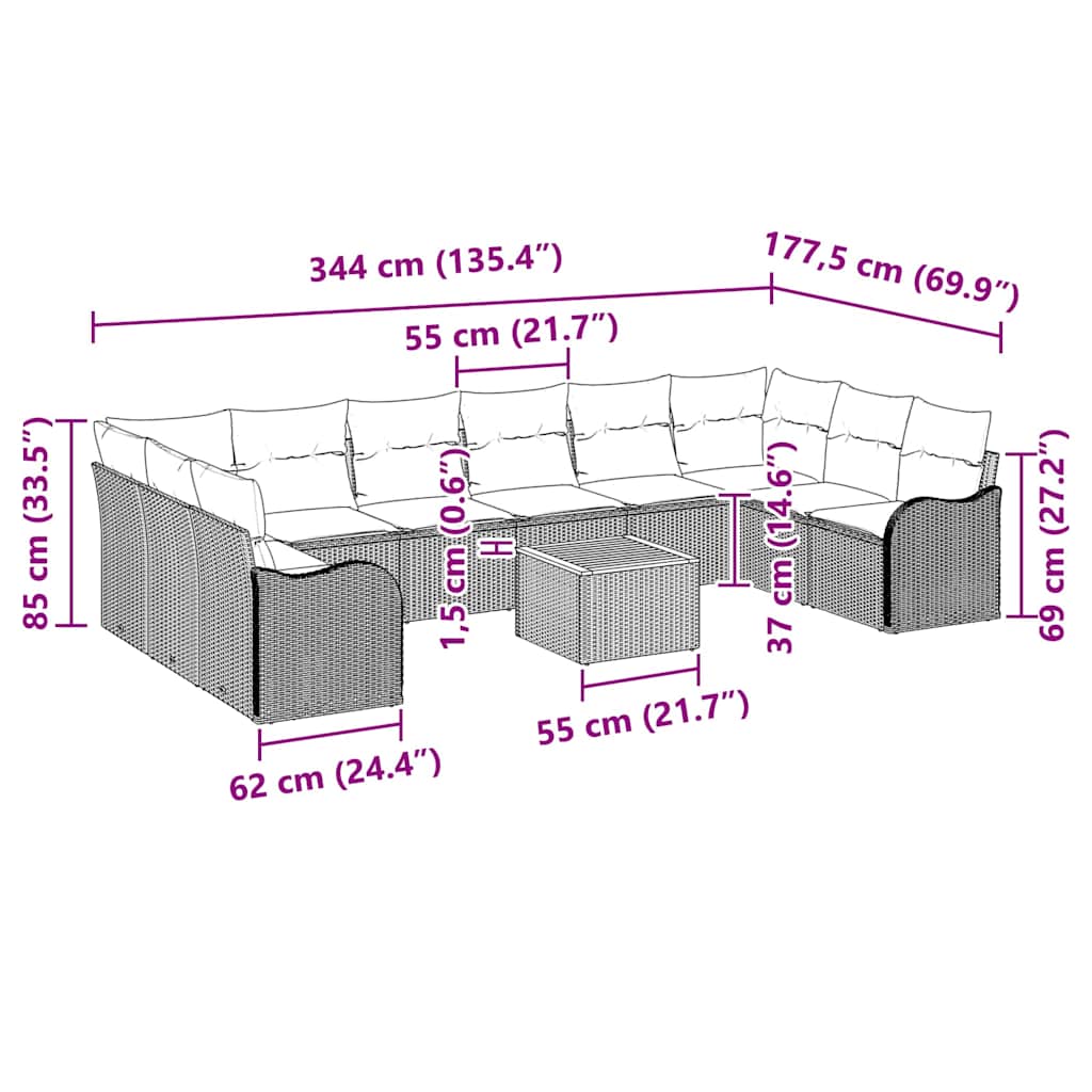 Tuinbankenset met kussen 11 pcs Beige poly rattan