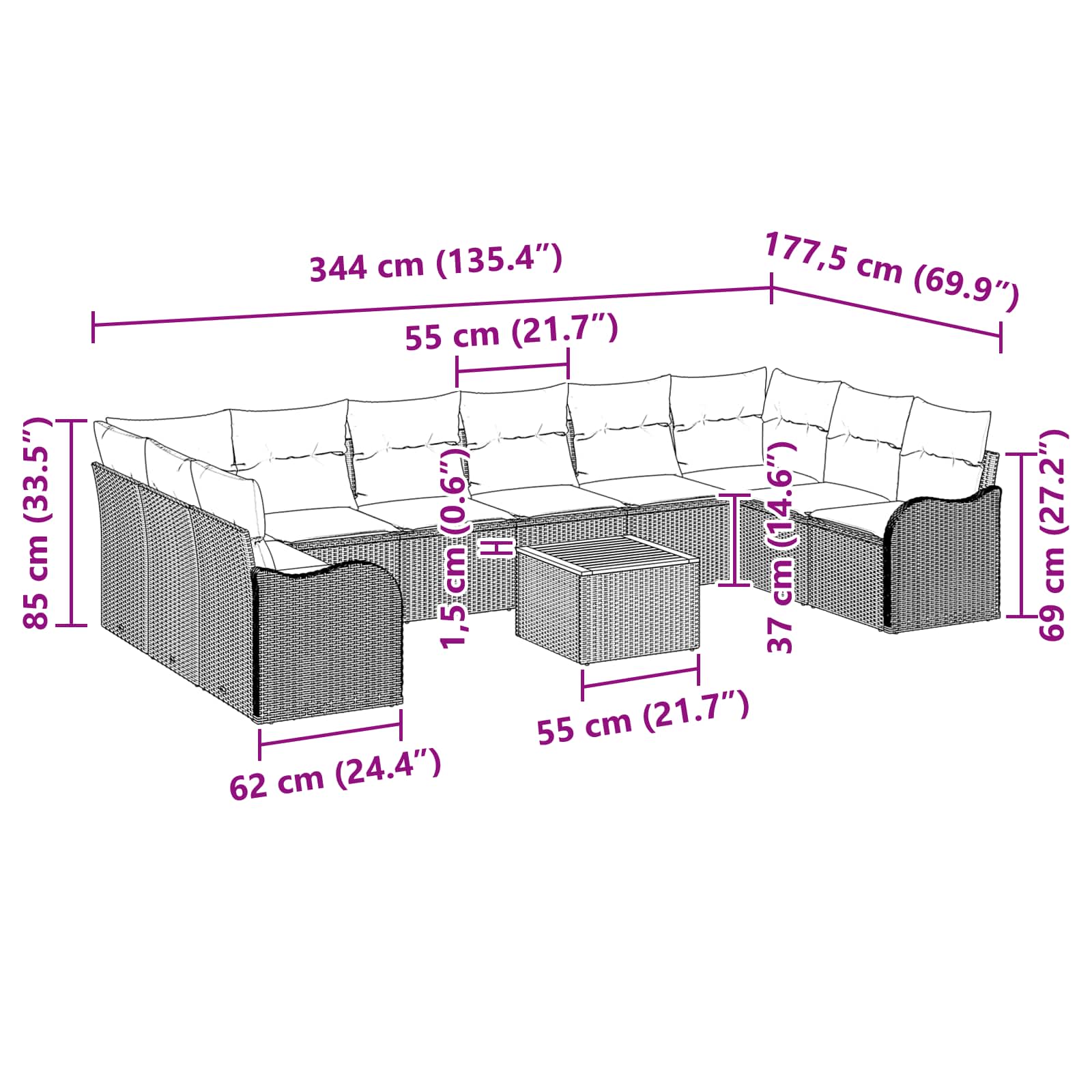 Tuinbankenset 11 st Grijs poly rattan
