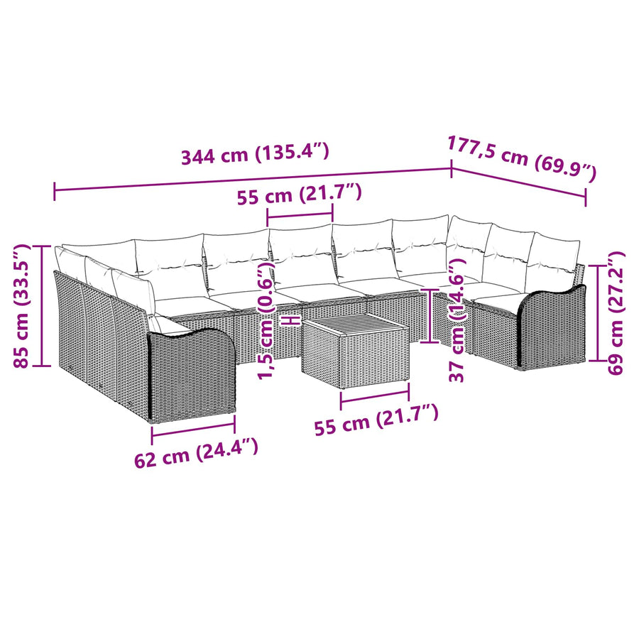 Tuinbankenset 11 st Grijs poly rattan