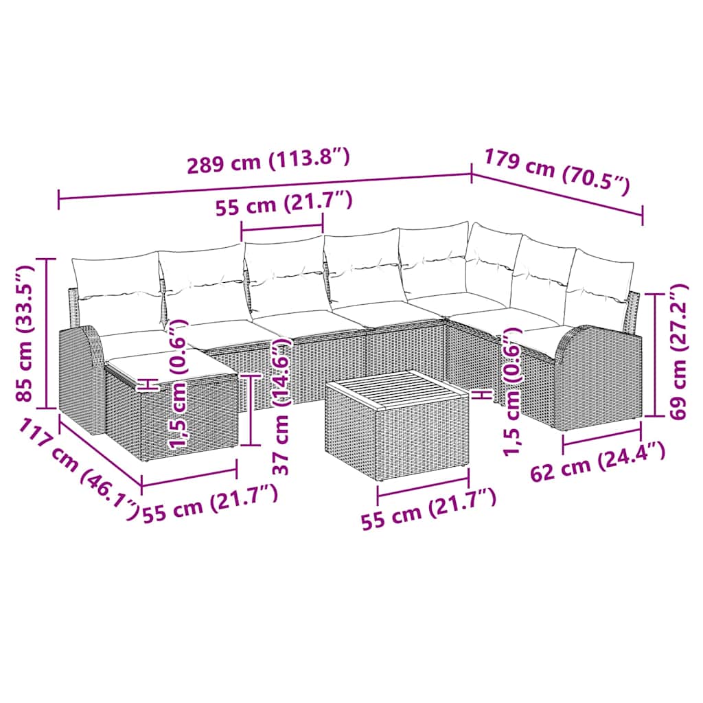 Tuinbankenset met kussen 9 pcs Zwart poly rattan