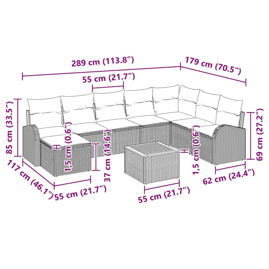 Tuinbankenset met kussen 9 pcs Zwart poly rattan