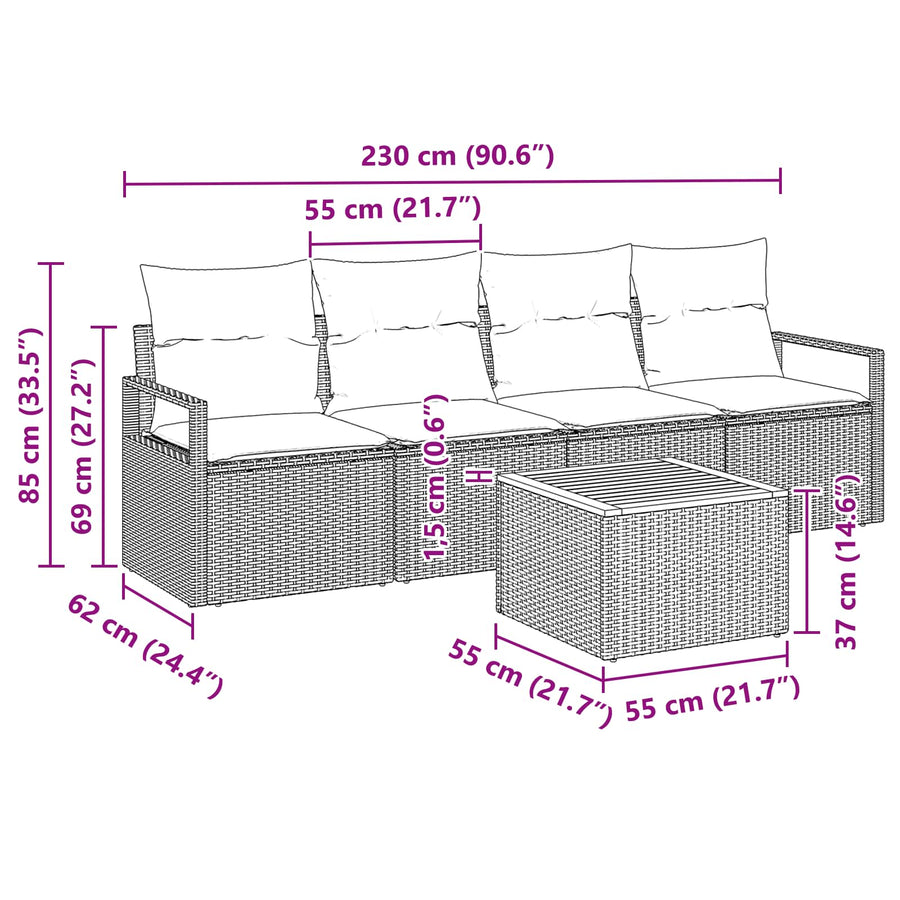 Tuinbankenset met kussen 5 pcs Grijs poly rattan