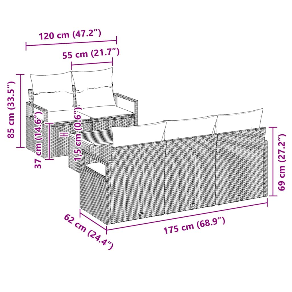 Tuinbankenset met kussen 6 pcs Grijs poly rattan