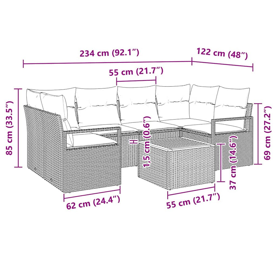 Tuinbankenset met kussen 7 pcs Zwart poly rattan